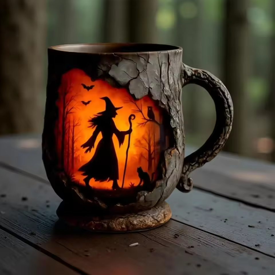 Tasse Halloween 3D faite à la main – Design Sorcière & Chat