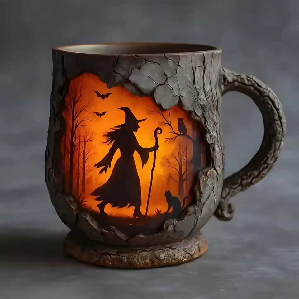 Tasse Halloween 3D faite à la main – Design Sorcière & Chat