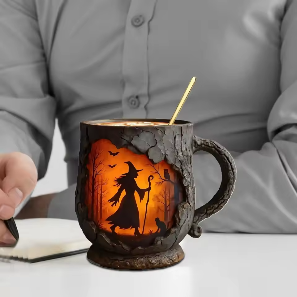 Tasse Halloween 3D faite à la main – Design Sorcière & Chat