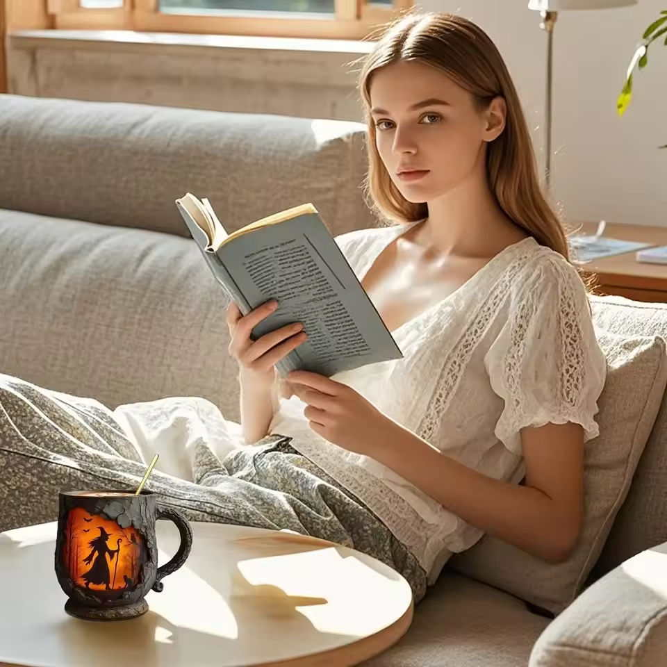 Tasse Halloween 3D faite à la main – Design Sorcière & Chat