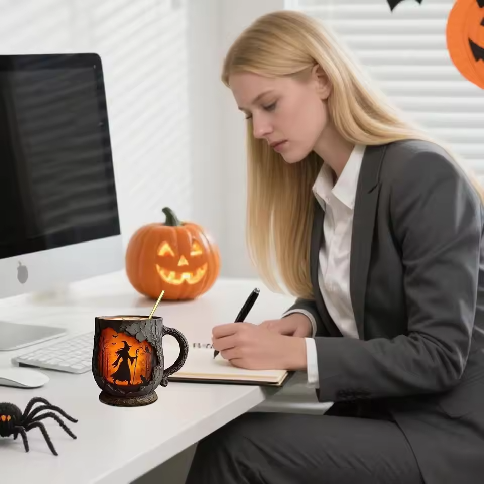 Tasse Halloween 3D faite à la main – Design Sorcière & Chat