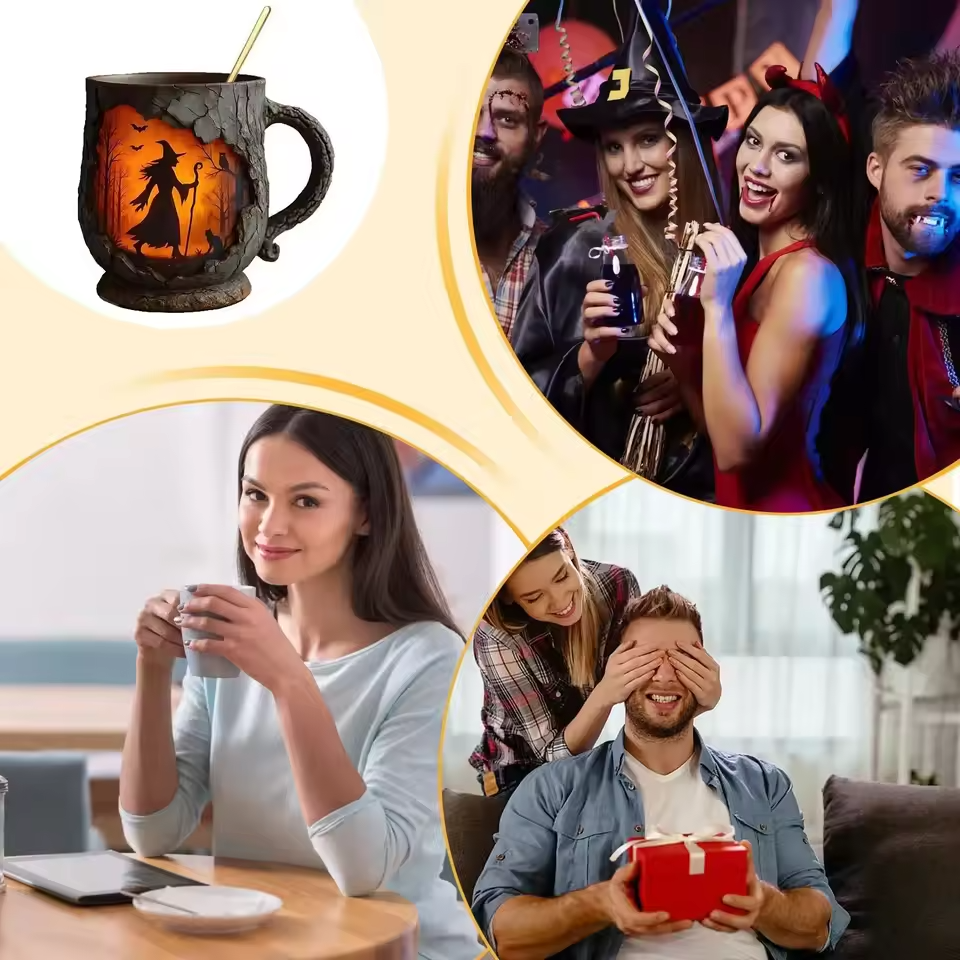Tasse Halloween 3D faite à la main – Design Sorcière & Chat